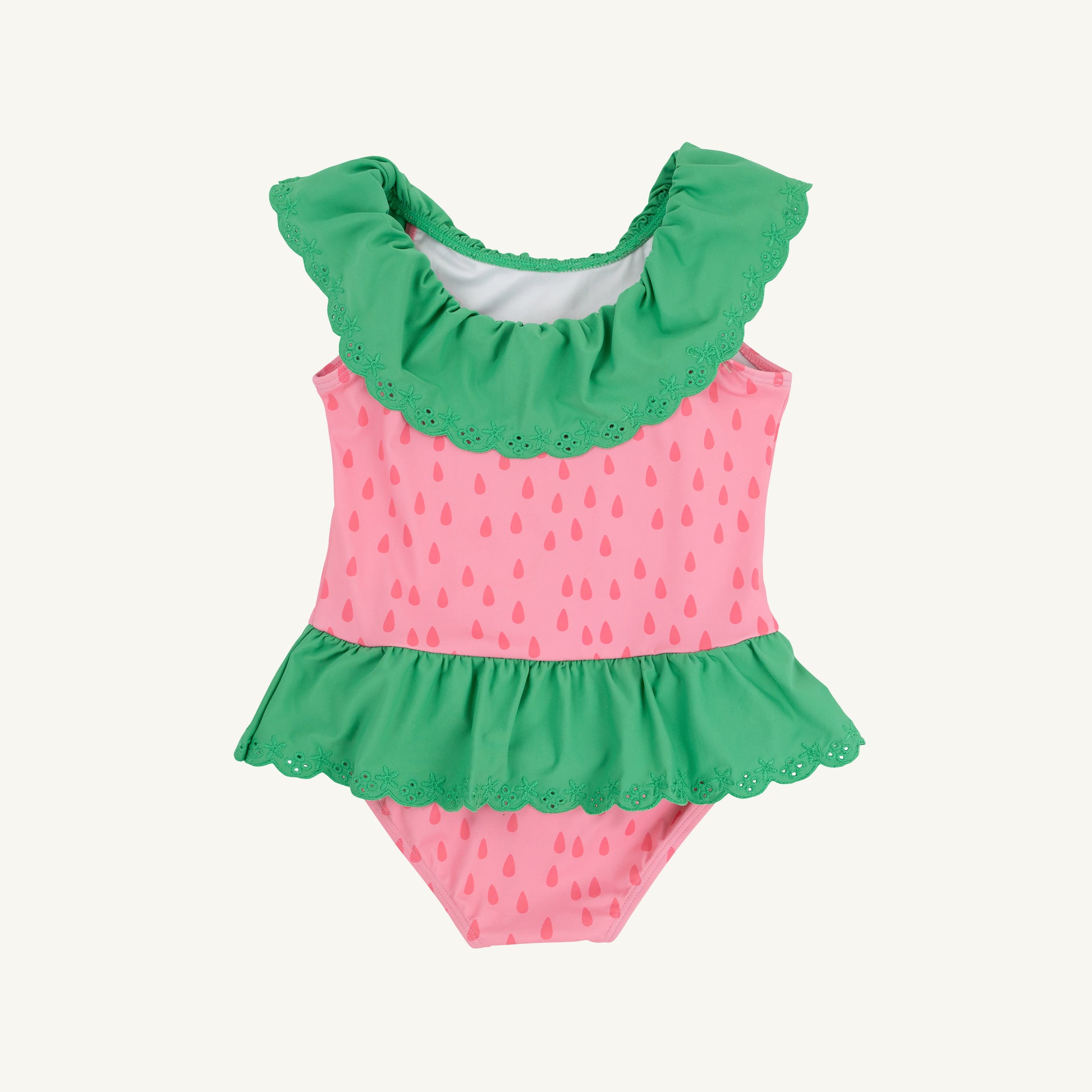 Gibson Island Green Sandy swimsuit for children by The Beaufort Bonnet Company, featuring a cute, colorful design and ruffled details.