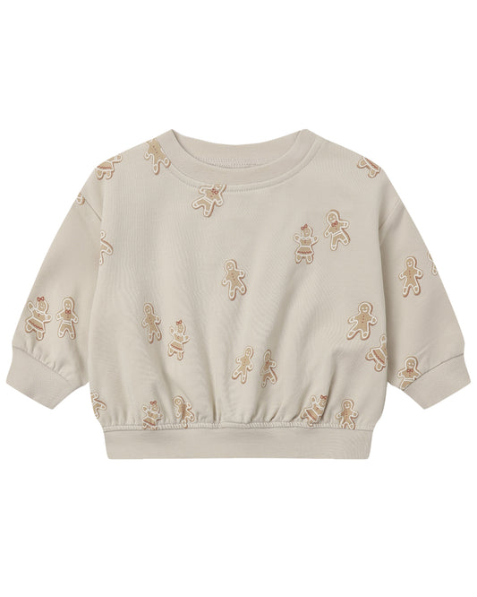 Quincy Mae gingerbread relaxed fleece sweatshirt with a cozy, soft fabric and festive gingerbread pattern on the front.