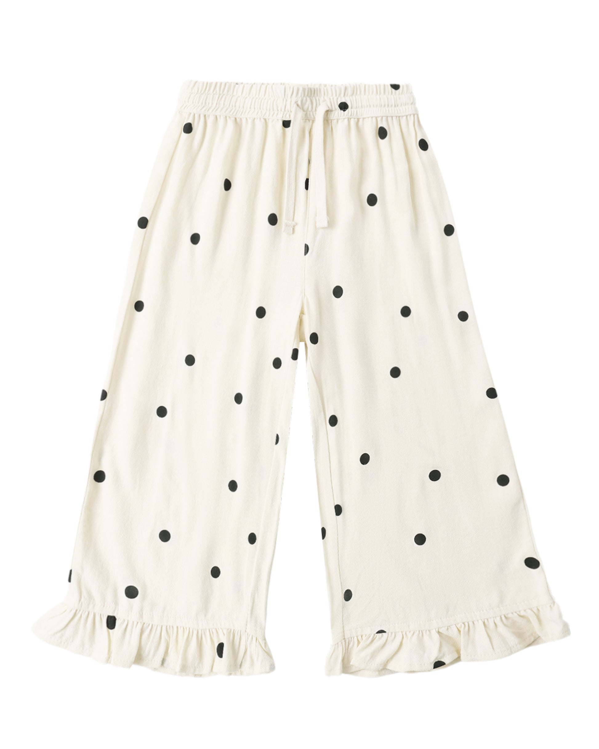 Rylee & Cru polka dot wide leg pants with a relaxed fit and high waist, featuring a playful black and white dot pattern.