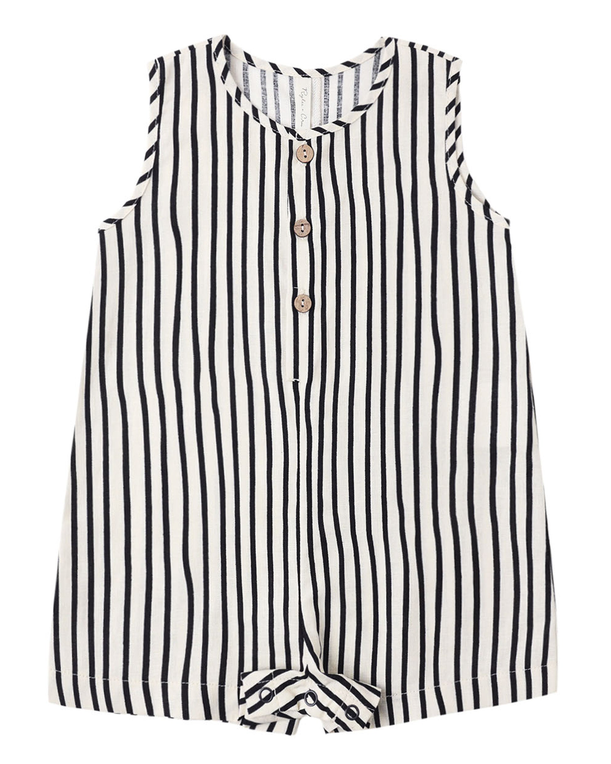 Rylee & Cru Wavy Stripe Mavrick Romper with wavy stripe pattern, lightweight fabric, and short sleeves for toddlers.