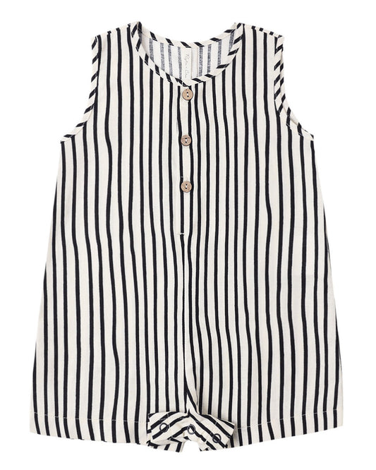 Rylee & Cru Wavy Stripe Mavrick Romper with wavy stripe pattern, lightweight fabric, and short sleeves for toddlers.