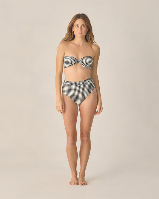 Women's black gingham bandeau bikini top with knotted front by Rylee & Cru, featuring a strapless, stylish swimwear design.