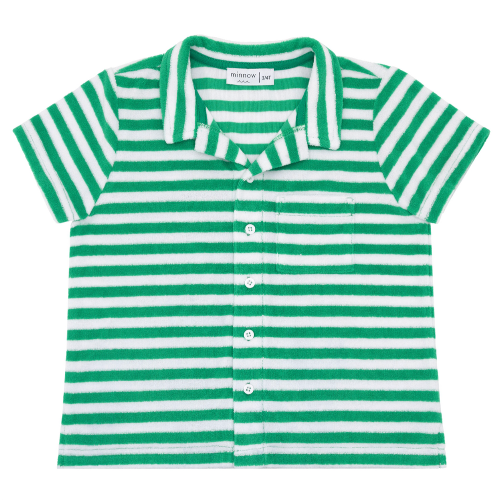 minnow - boys bermuda green stripe french terry button up