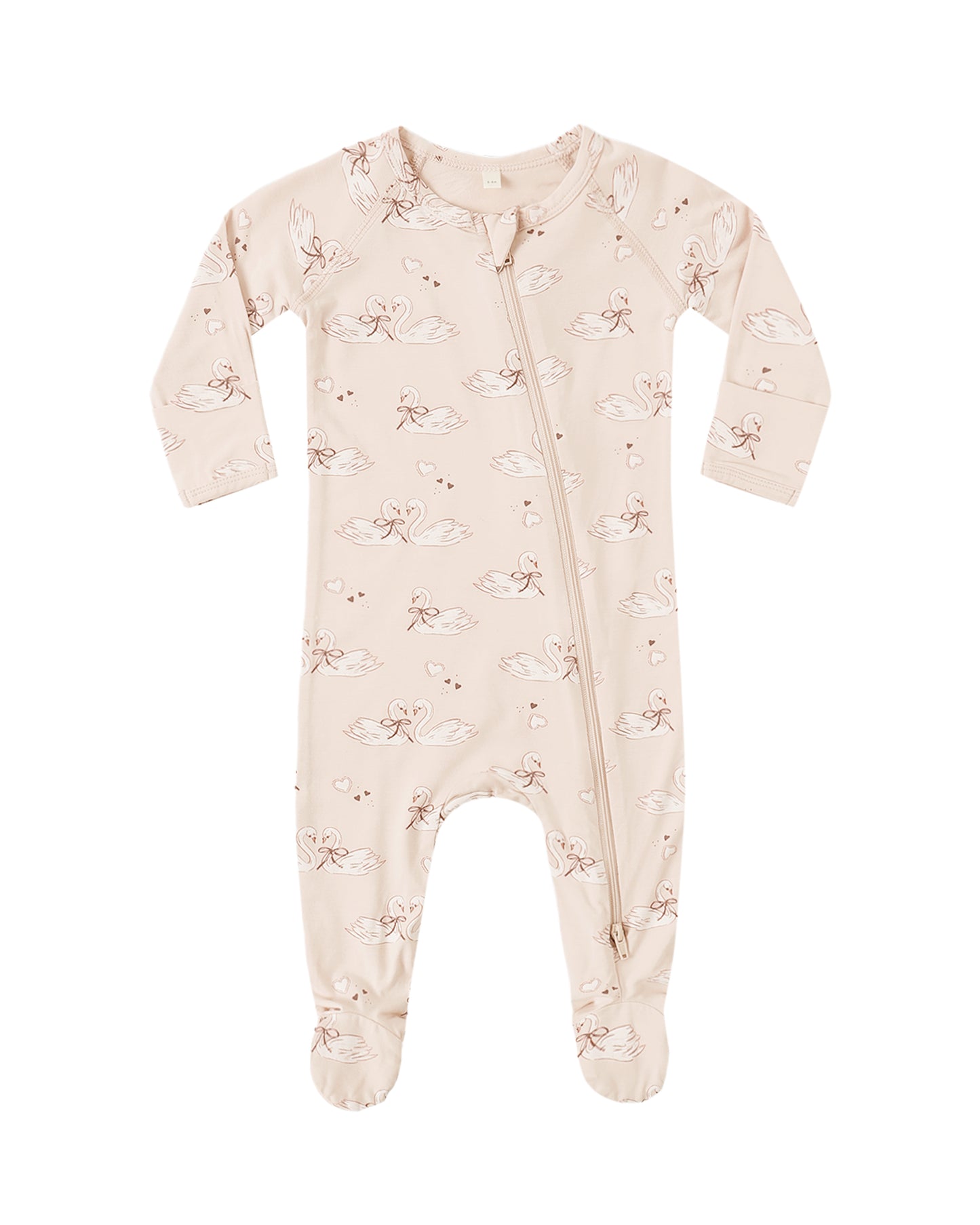 Swans bamboo zip footie by Quincy Mae, soft organic bamboo baby romper with zipper closure, suitable for comfortable sleep or play.