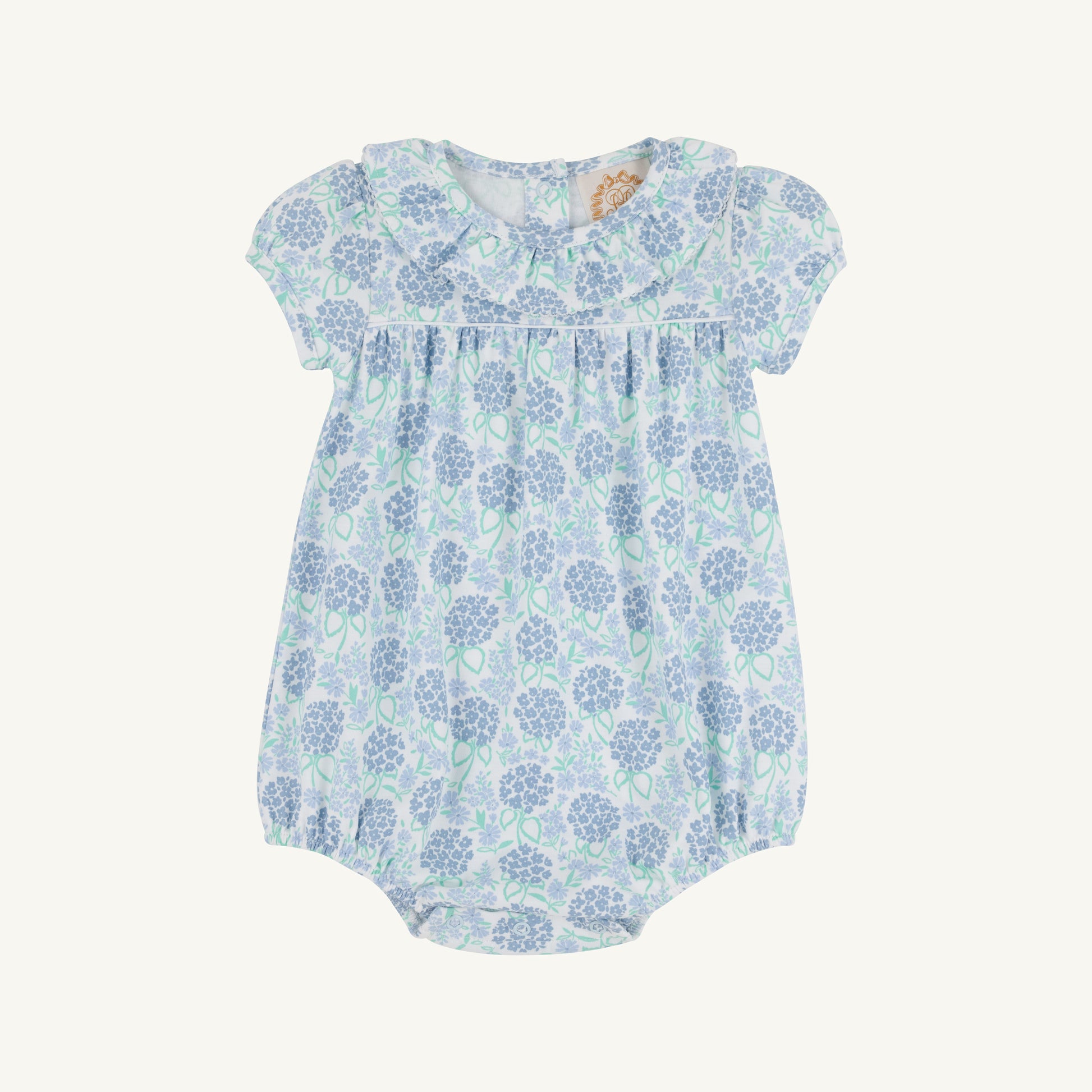 Handful of Hydrangeas Ramona Ruffle Bubble by The Beaufort Bonnet Company in soft fabric with ruffled details and floral pattern.