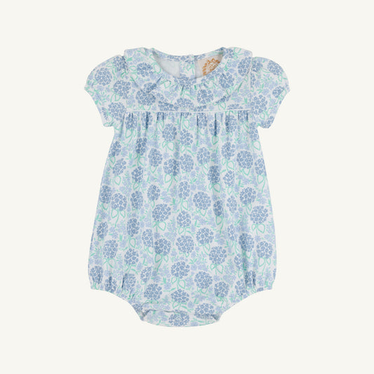 Handful of Hydrangeas Ramona Ruffle Bubble by The Beaufort Bonnet Company in soft fabric with ruffled details and floral pattern.