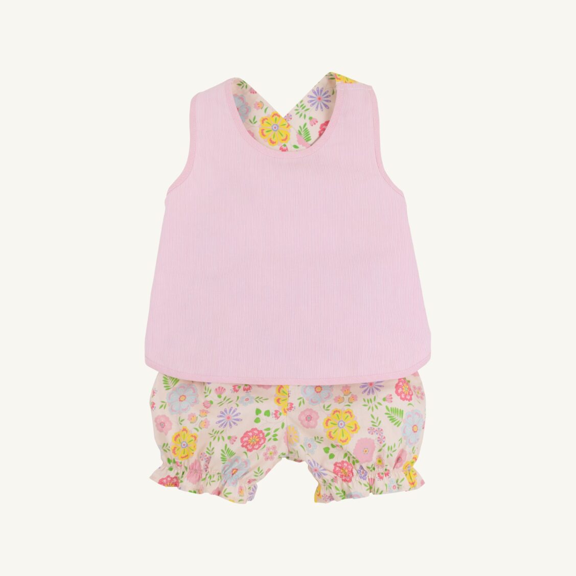 Boca Grande Begonia Betsey Bow Back Set by The Beaufort Bonnet Company features a charming baby outfit with bow details and floral patterns.