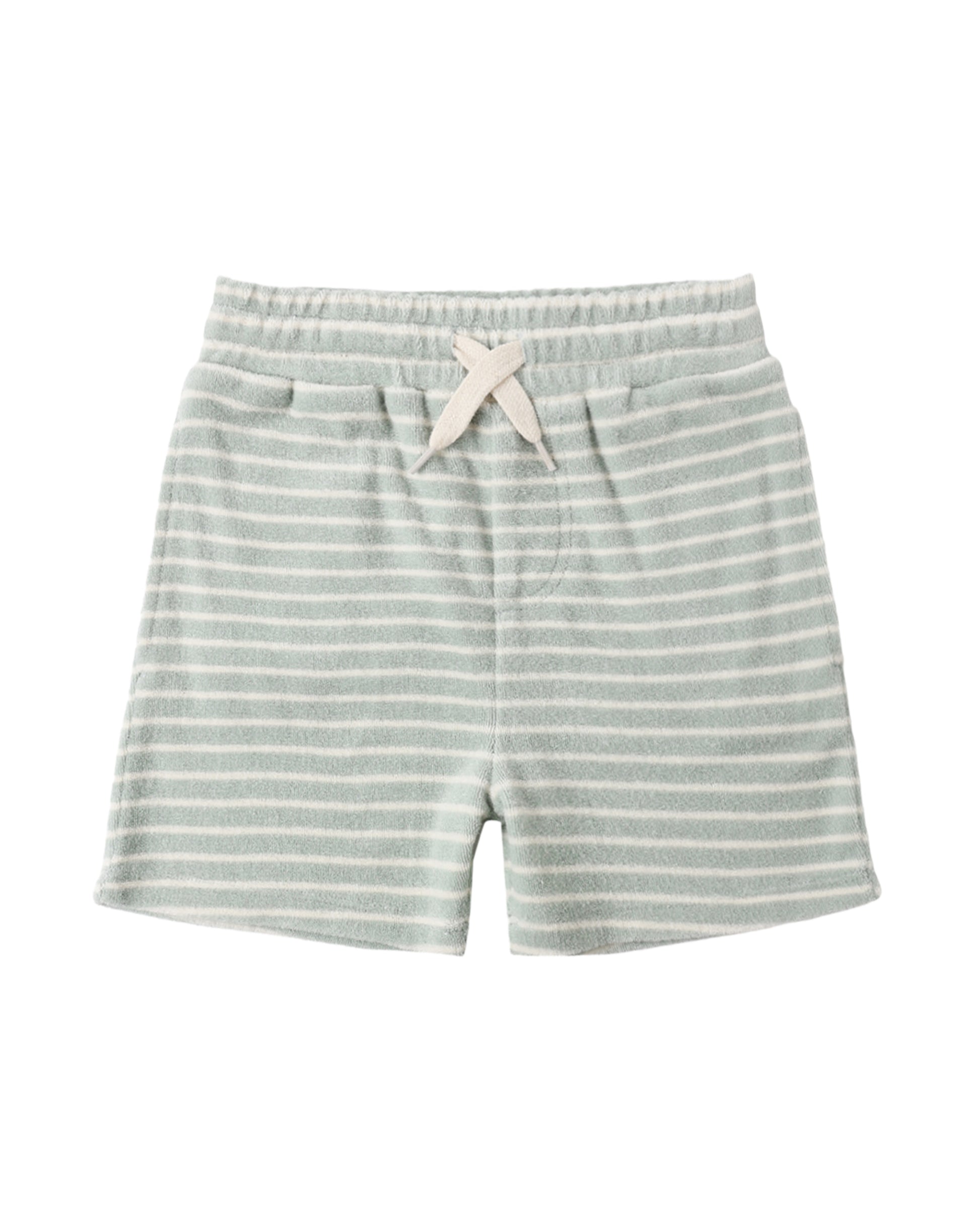 Seafoam stripe terry boys short by Rylee & Cru, featuring soft fabric and a relaxed fit, perfect for casual wear.