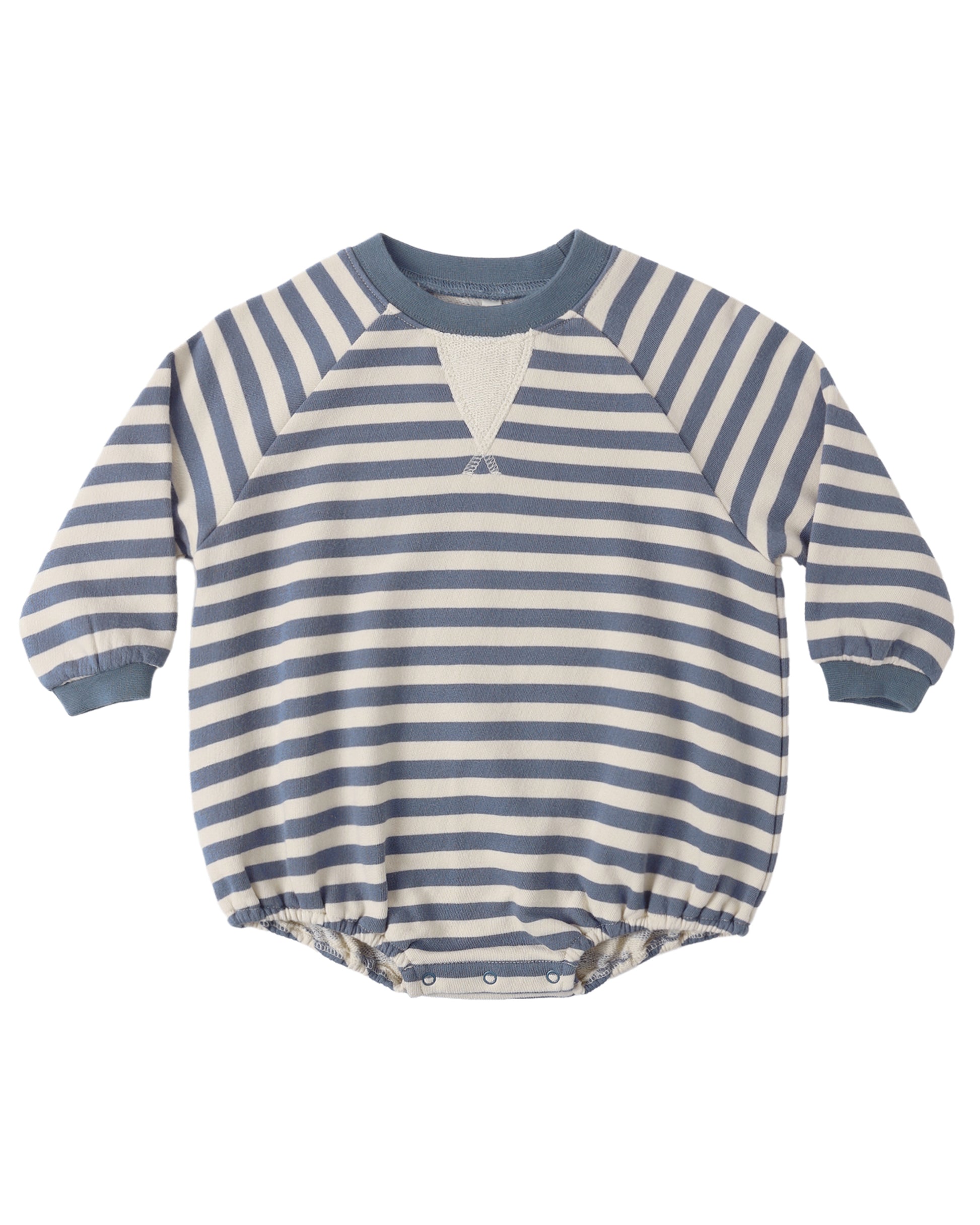 Rylee & Cru Marine Stripe Crewneck Romper featuring navy and white horizontal stripes, long sleeves, and a cozy crewneck design.