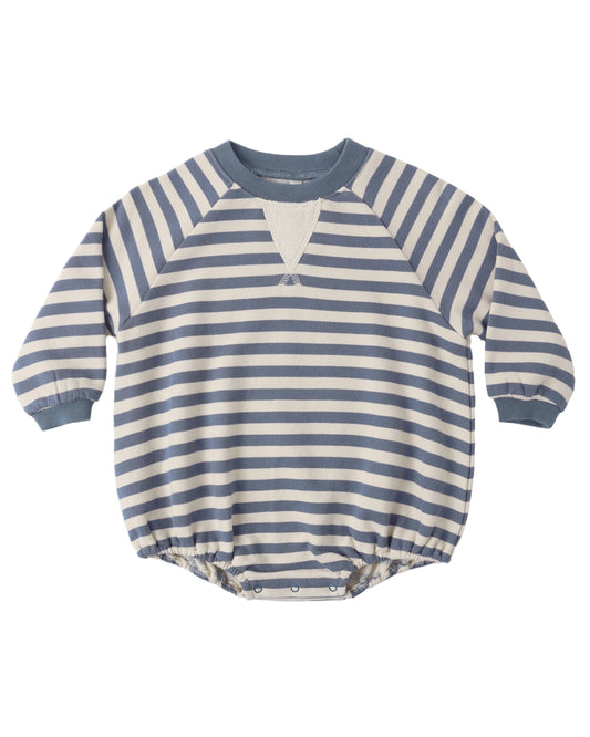 Rylee & Cru Marine Stripe Crewneck Romper featuring navy and white horizontal stripes, long sleeves, and a cozy crewneck design.