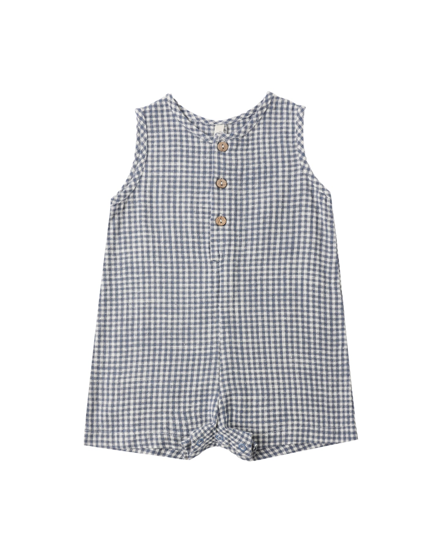 Rylee & Cru Marine Gingham Mavrick Romper displayed on a hanger, featuring navy and white gingham fabric, short sleeves, and button details.
