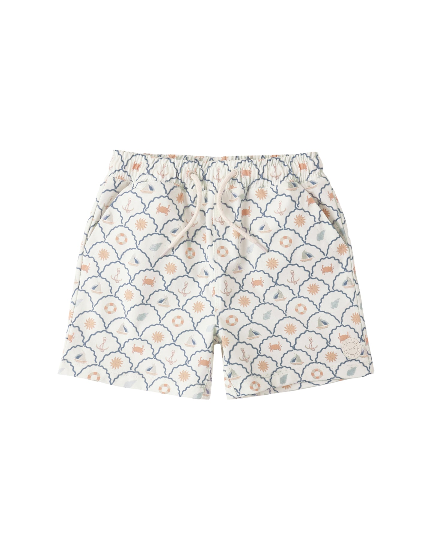 Rylee & Cru nautical-themed boardshort featuring anchor and stripe patterns, suitable for boys or girls, casual summer wear.