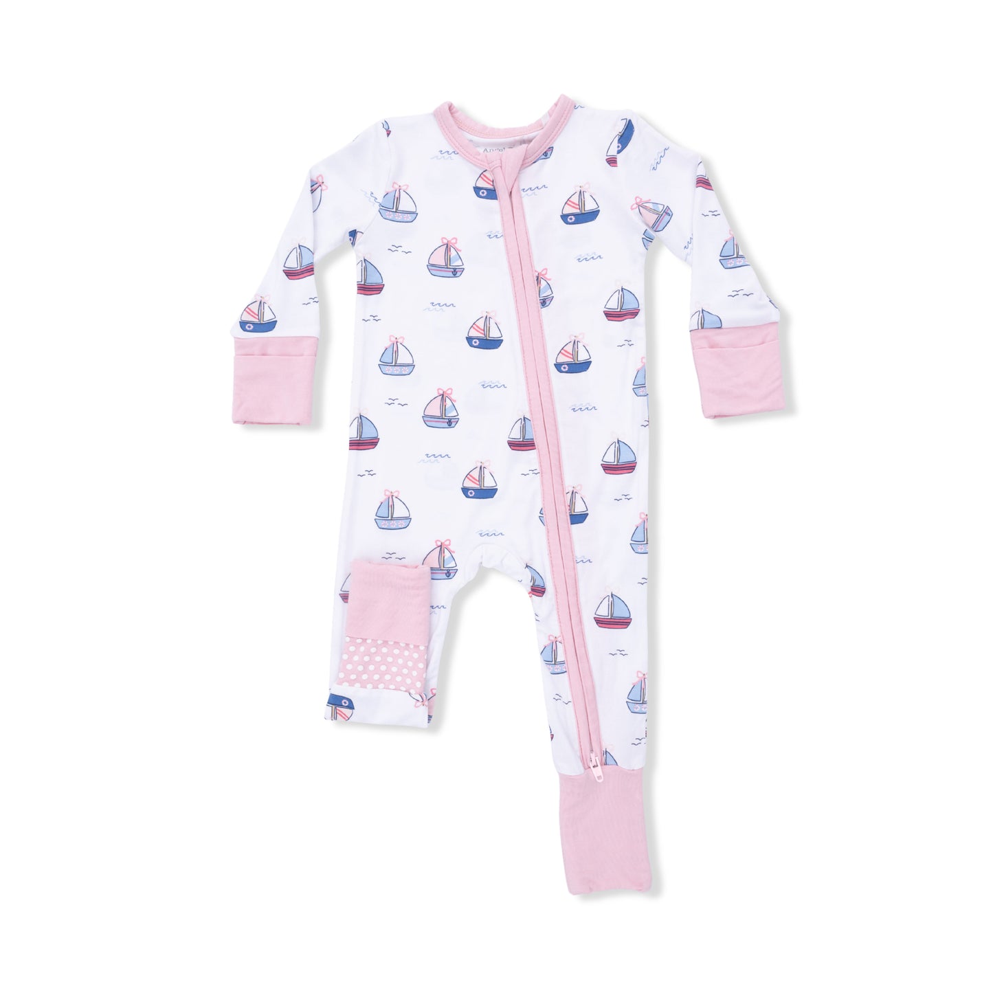 Pink convertible romper with sailboats print from Angel Dear, featuring soft fabric and adjustable straps for baby or toddler wear.