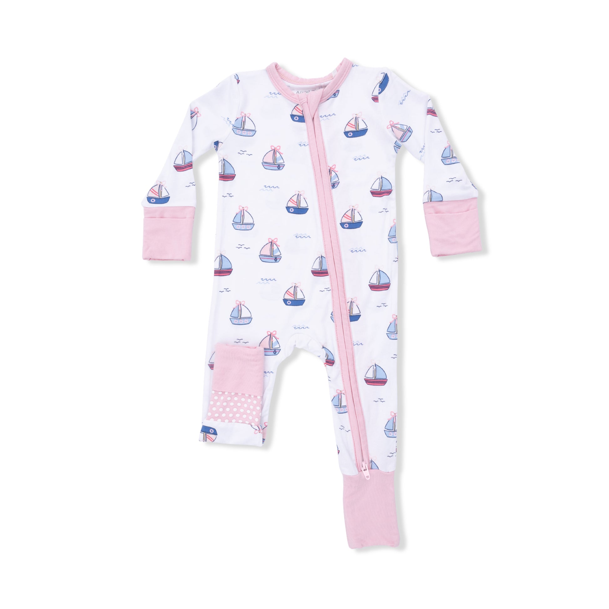 Pink convertible romper with sailboats print from Angel Dear, featuring soft fabric and adjustable straps for baby or toddler wear.