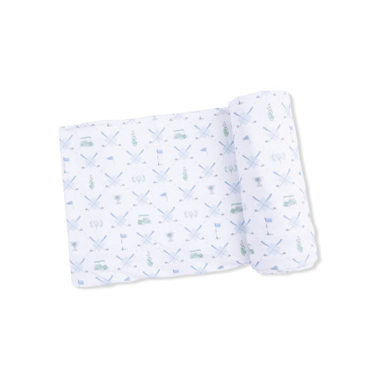 Angel Dear Blue Swaddle Blanket with golf trellis pattern, soft fabric for newborns and infants, versatile for swaddling and cuddling.