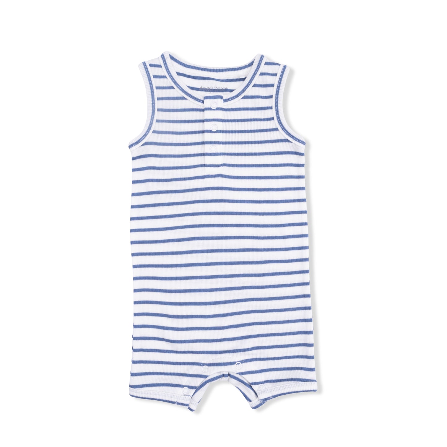 Navy and white striped Henley shortie romper for babies by Angel Dear, featuring a buttoned neckline and soft fabric.