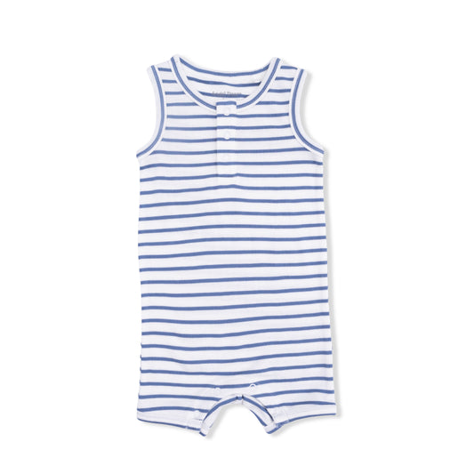 Navy and white striped Henley shortie romper for babies by Angel Dear, featuring a buttoned neckline and soft fabric.