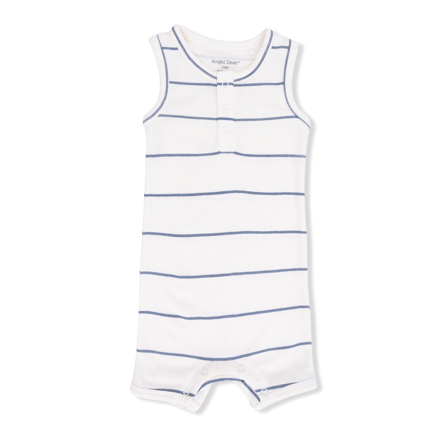 Angel Dear vintage stripe henley shortie romper for babies, featuring colorful striped fabric and cozy short sleeves.