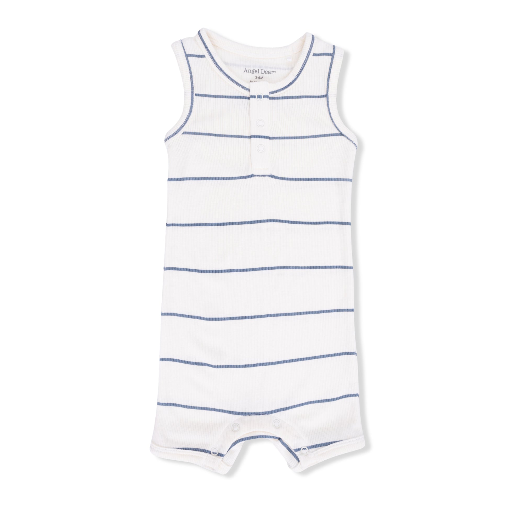 Angel Dear vintage stripe henley shortie romper for babies, featuring colorful striped fabric and cozy short sleeves.