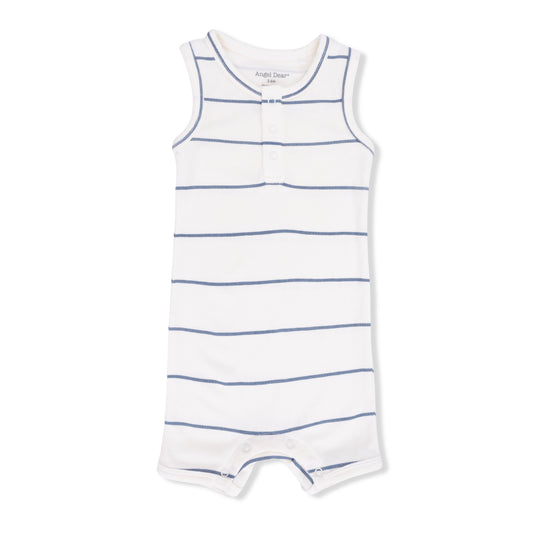 Angel Dear vintage stripe henley shortie romper for babies, featuring colorful striped fabric and cozy short sleeves.