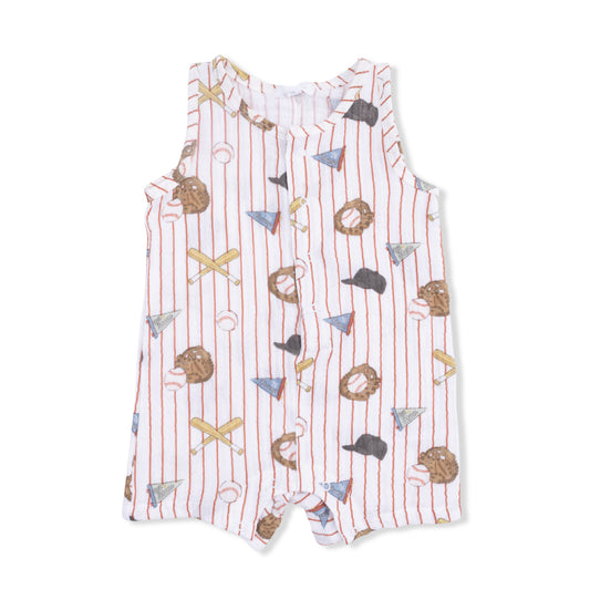 Vintage baseball stripe sleeveless shortie romper for babies by Angel Dear, featuring classic baseball-inspired navy and white stripes.