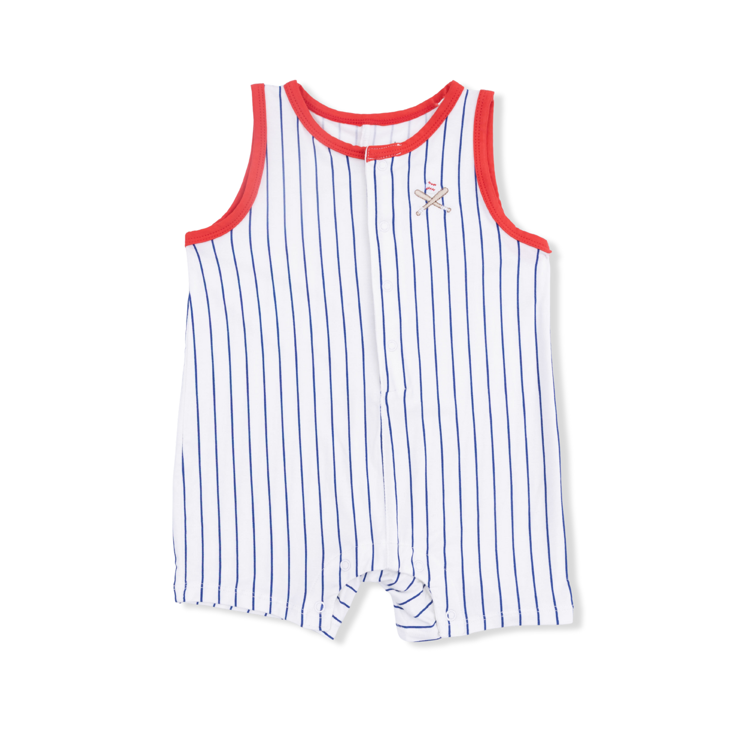 Angel Dear baseball stripe sleeveless shortie romper for infants, featuring playful red and white stripes and a comfortable fit.