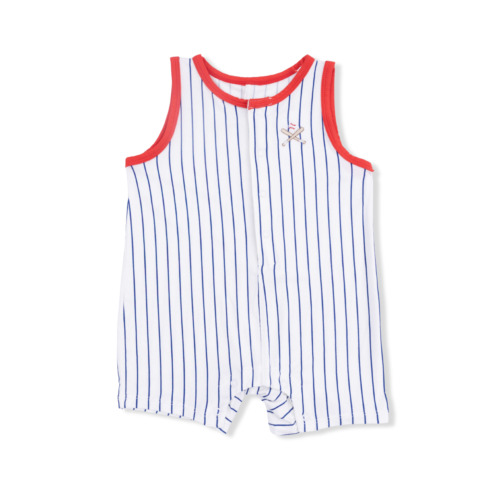 Angel Dear baseball stripe sleeveless shortie romper for infants, featuring playful red and white stripes and a comfortable fit.