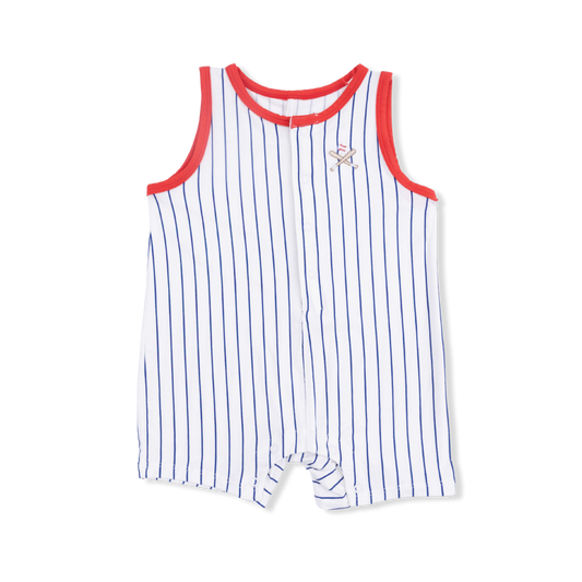 Angel Dear baseball stripe sleeveless shortie romper for infants, featuring playful red and white stripes and a comfortable fit.