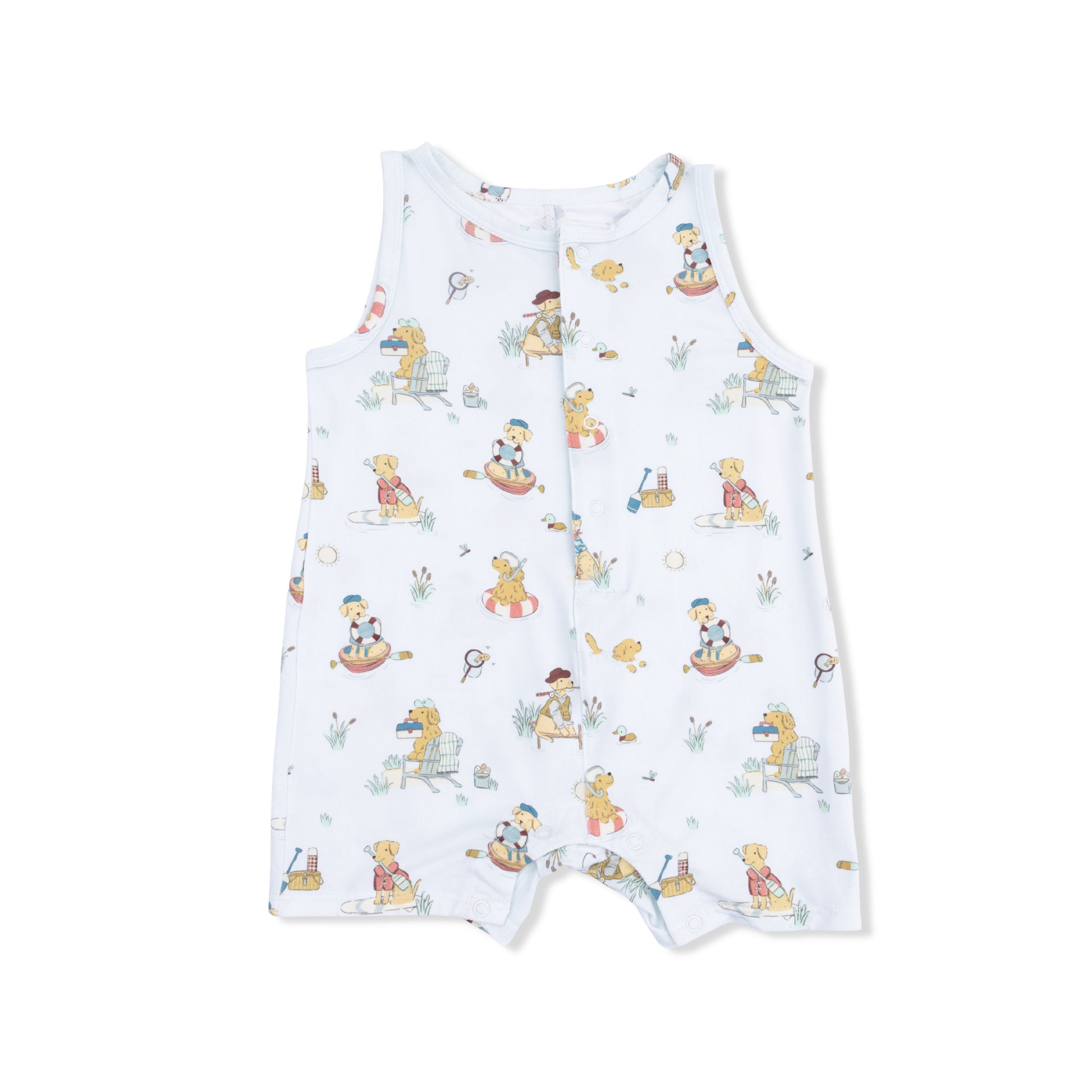 Angel Dear Lake Buddy Dogs sleeveless shortie romper for babies, featuring a playful dog print on soft fabric.