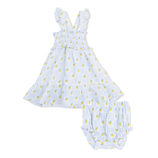 Angel Dear Lovely Lemons Ruffle Sundress with bright yellow fabric, ruffled straps, and a charming lemon print for warm weather.