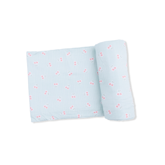 Angel Dear Tiny Cherry Stripe Swaddle Blanket with soft fabric and cherry stripe pattern for babies.