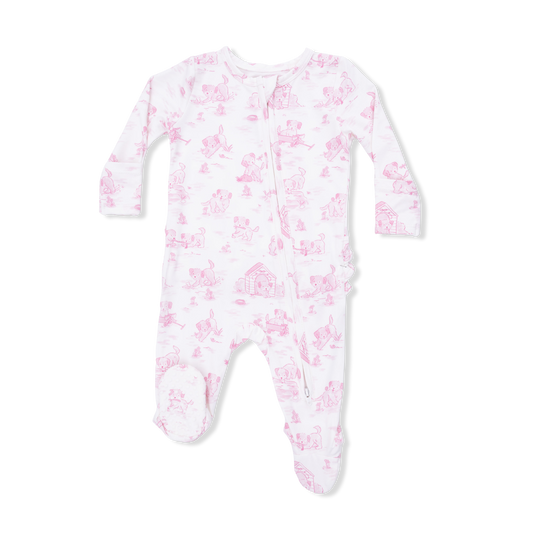 Puppy Toile Pink Zip Footie