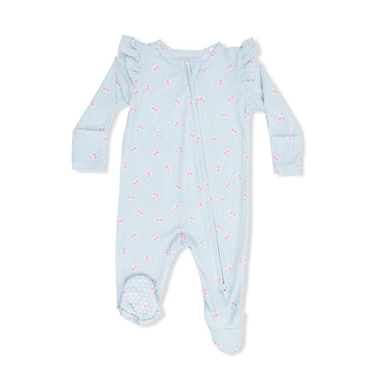 Tiny Cherry Stripe Ruffle Zip Footie