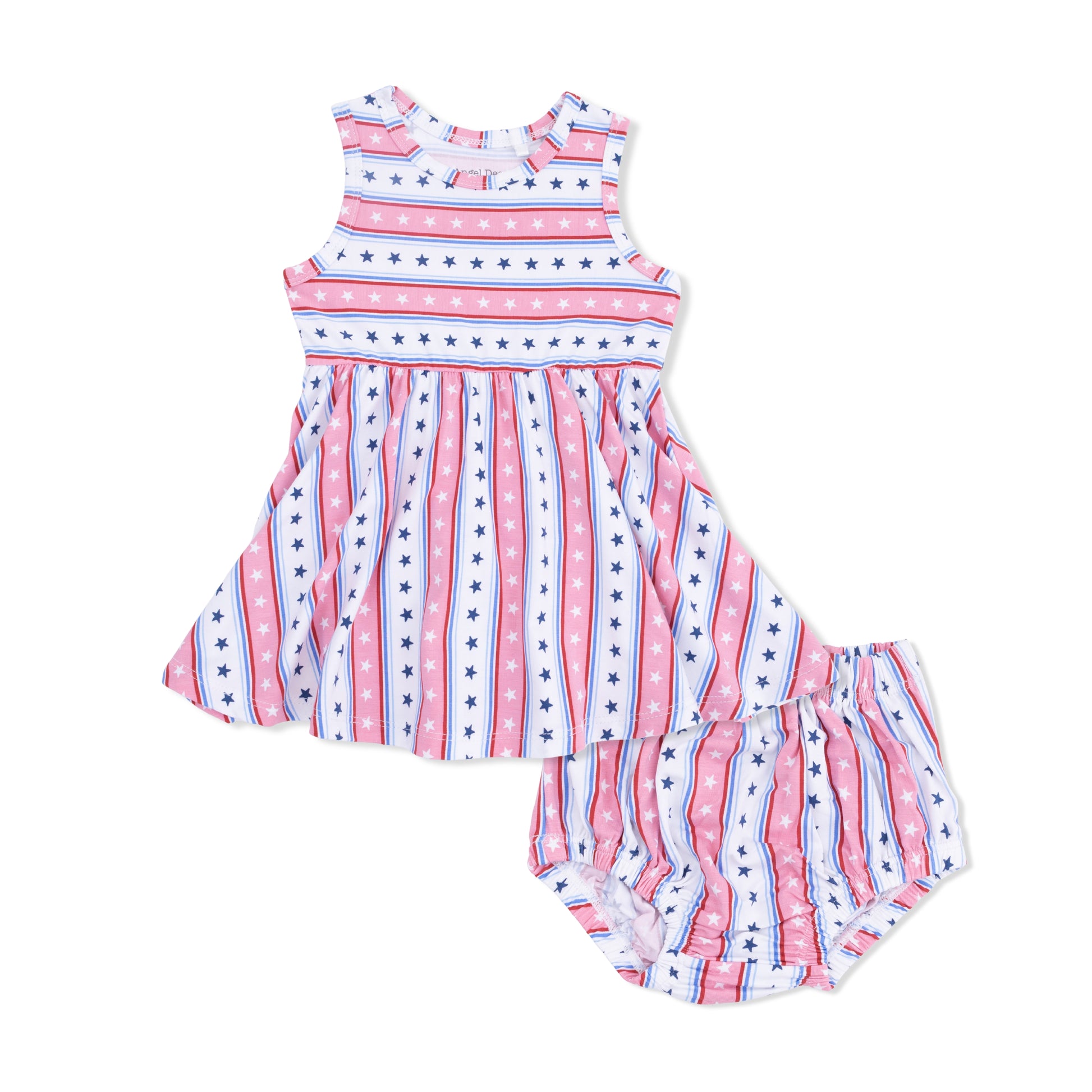 Angel Dear Stars and Stripes tank dress set featuring a sleeveless dress with patriotic star and stripe print on soft fabric.