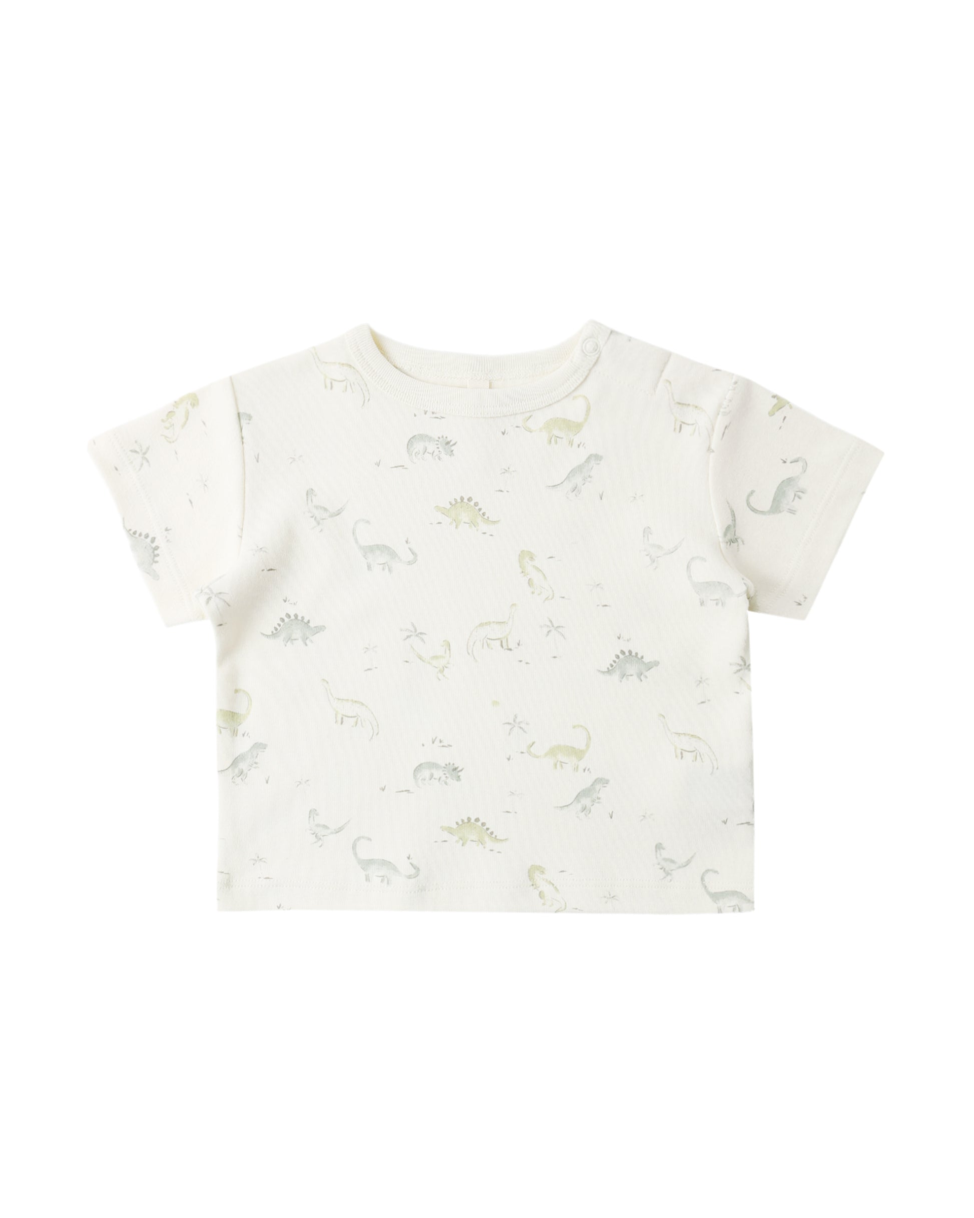 Quincy Mae Dinosaur Boxy T-shirt featuring colorful dinosaur graphic on soft, breathable fabric for kids.