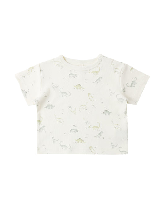 Quincy Mae Dinosaur Boxy T-shirt featuring colorful dinosaur graphic on soft, breathable fabric for kids.