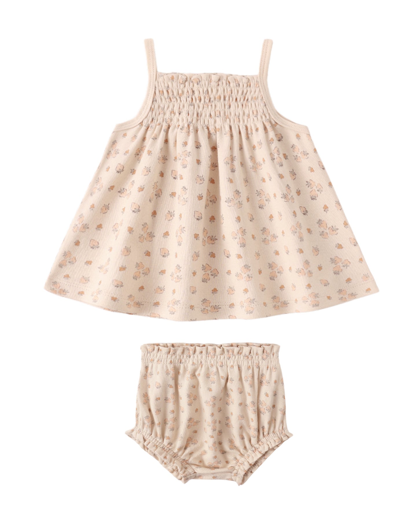 Quincy Mae strawberry smocked tank and bloomer set for babies, with pink and green strawberry print, soft fabric, and comfortable fit.