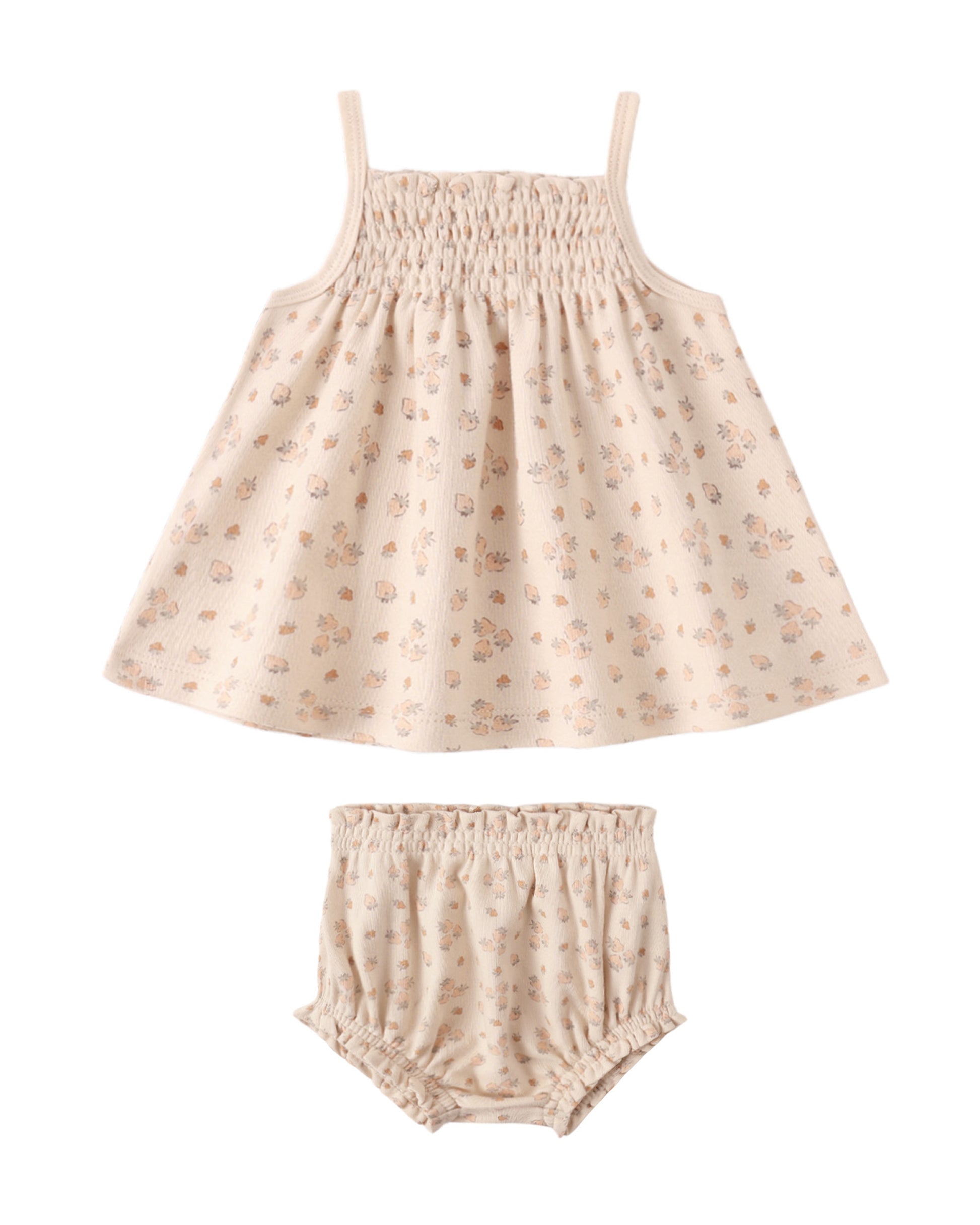 Quincy Mae strawberry smocked tank and bloomer set for babies, with pink and green strawberry print, soft fabric, and comfortable fit.