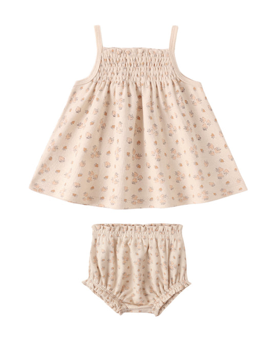 Quincy Mae strawberry smocked tank and bloomer set for babies, with pink and green strawberry print, soft fabric, and comfortable fit.