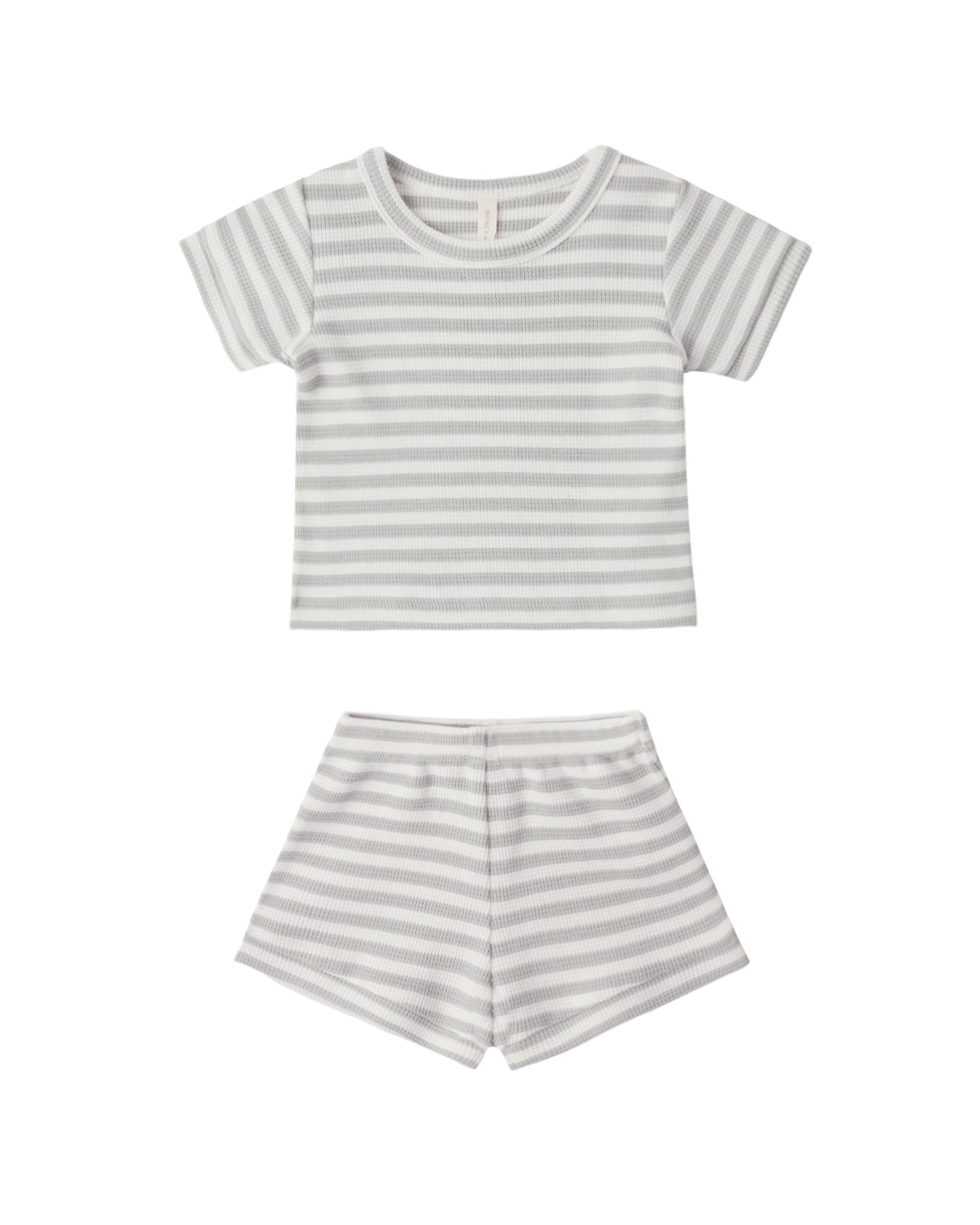 Quincy Mae Sage Stripe Waffle Shortie Set featuring a cozy, striped waffle fabric in sage green for baby or toddler wear.