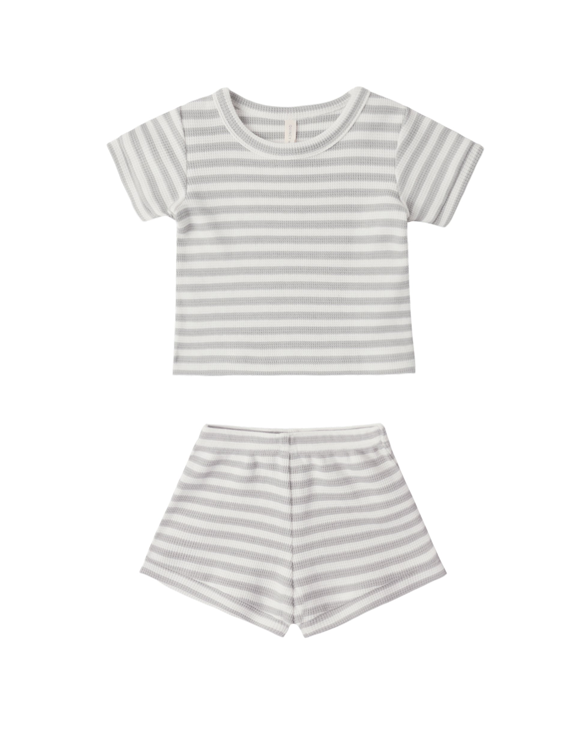 Quincy Mae Sage Stripe Waffle Shortie Set featuring a cozy, striped waffle fabric in sage green for baby or toddler wear.