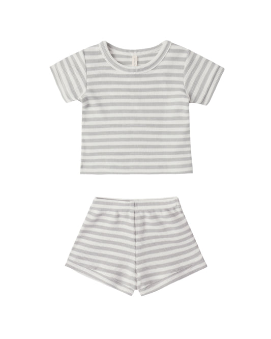 Quincy Mae Sage Stripe Waffle Shortie Set featuring a cozy, striped waffle fabric in sage green for baby or toddler wear.