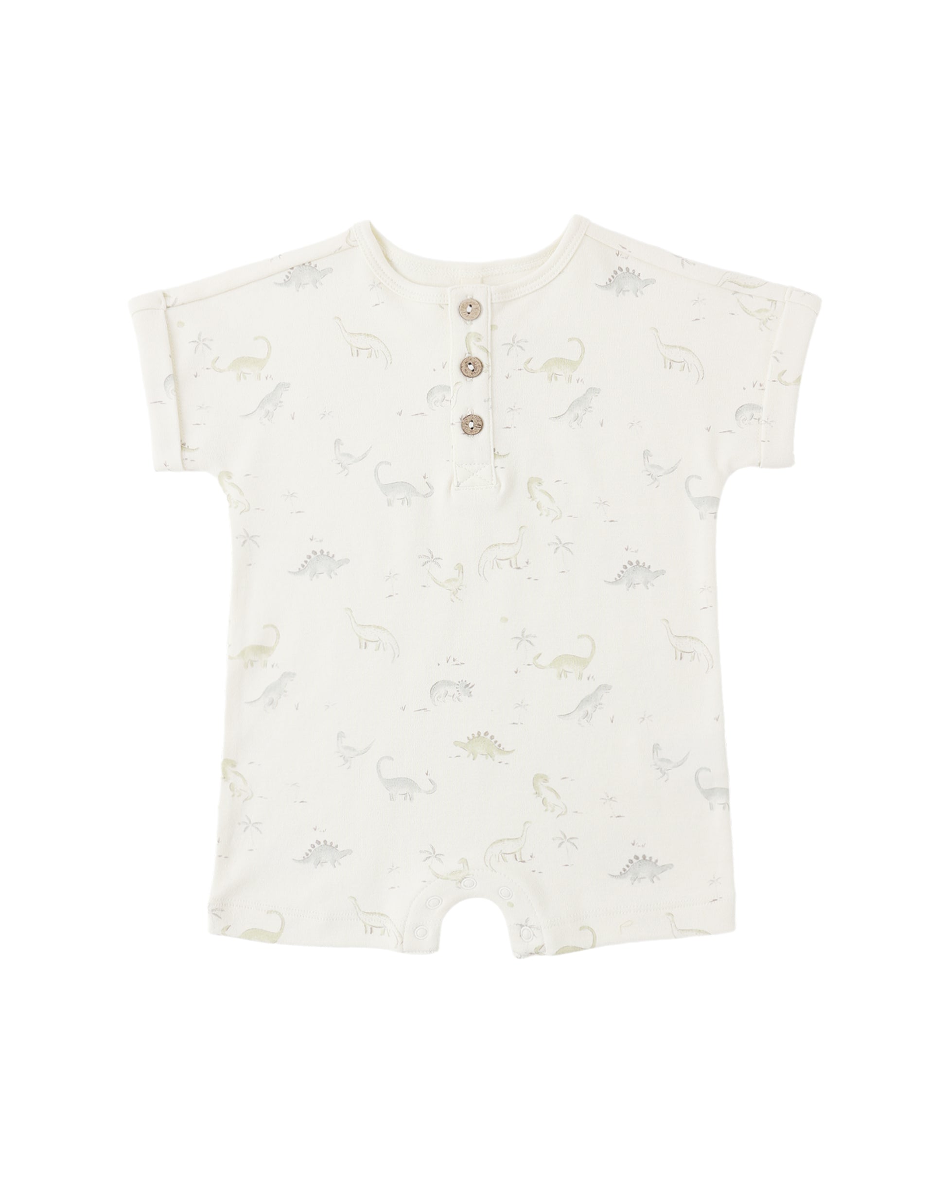 Quincy Mae dinosaur-themed short sleeve one-piece for babies, featuring colorful dinosaur prints and soft fabric.