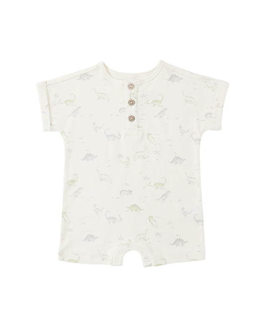 Quincy Mae dinosaur-themed short sleeve one-piece for babies, featuring colorful dinosaur prints and soft fabric.