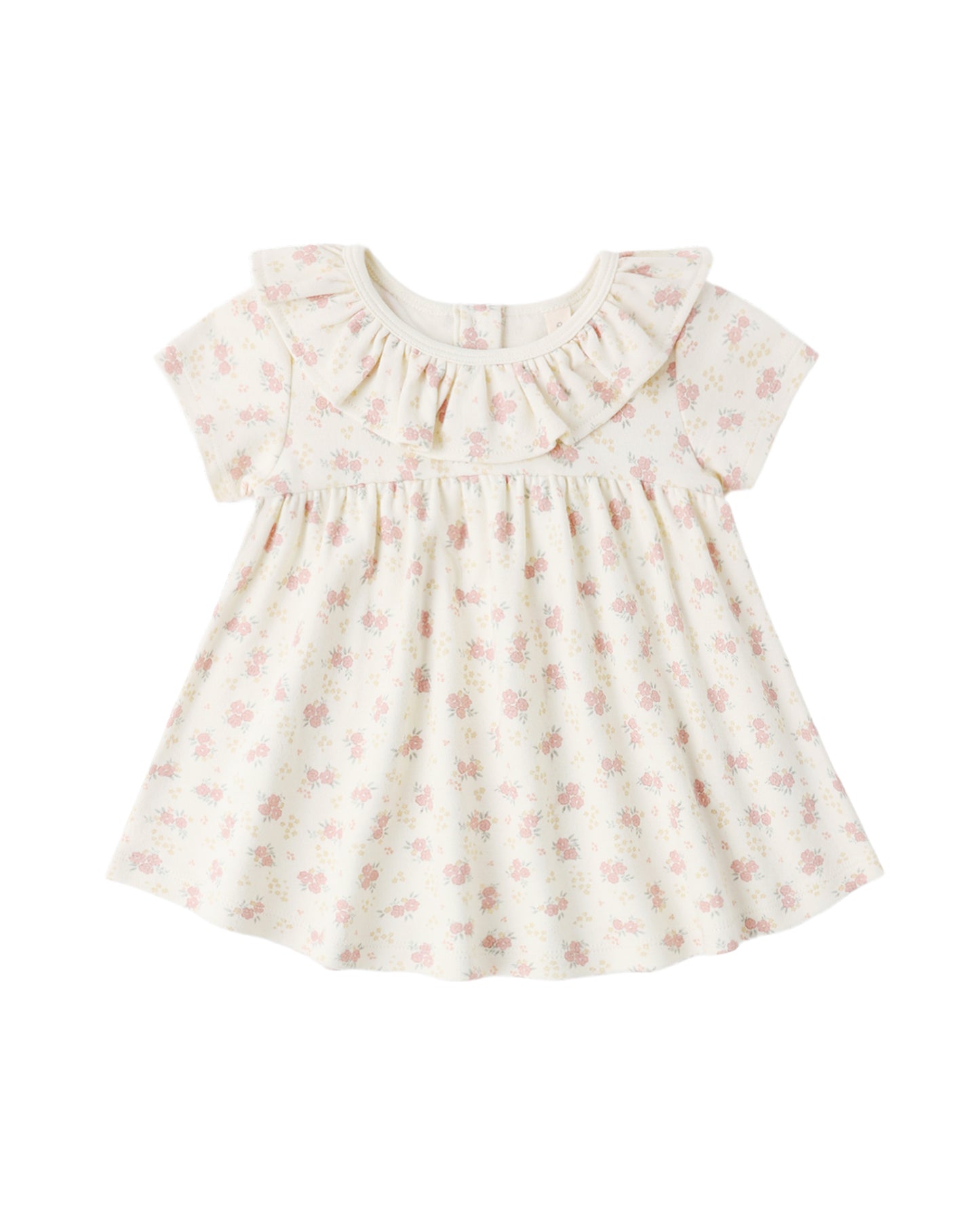 Quincy Mae flower field ruffle collar jersey dress for girls, featuring a colorful floral print and ruffled neckline.