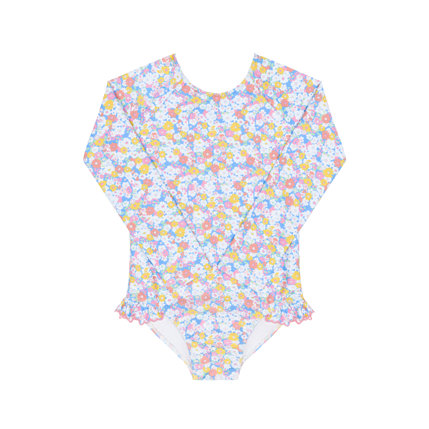 Girls' jasmine blossom rashguard one-piece by Minnow, featuring a colorful floral design and long sleeves for sun protection.