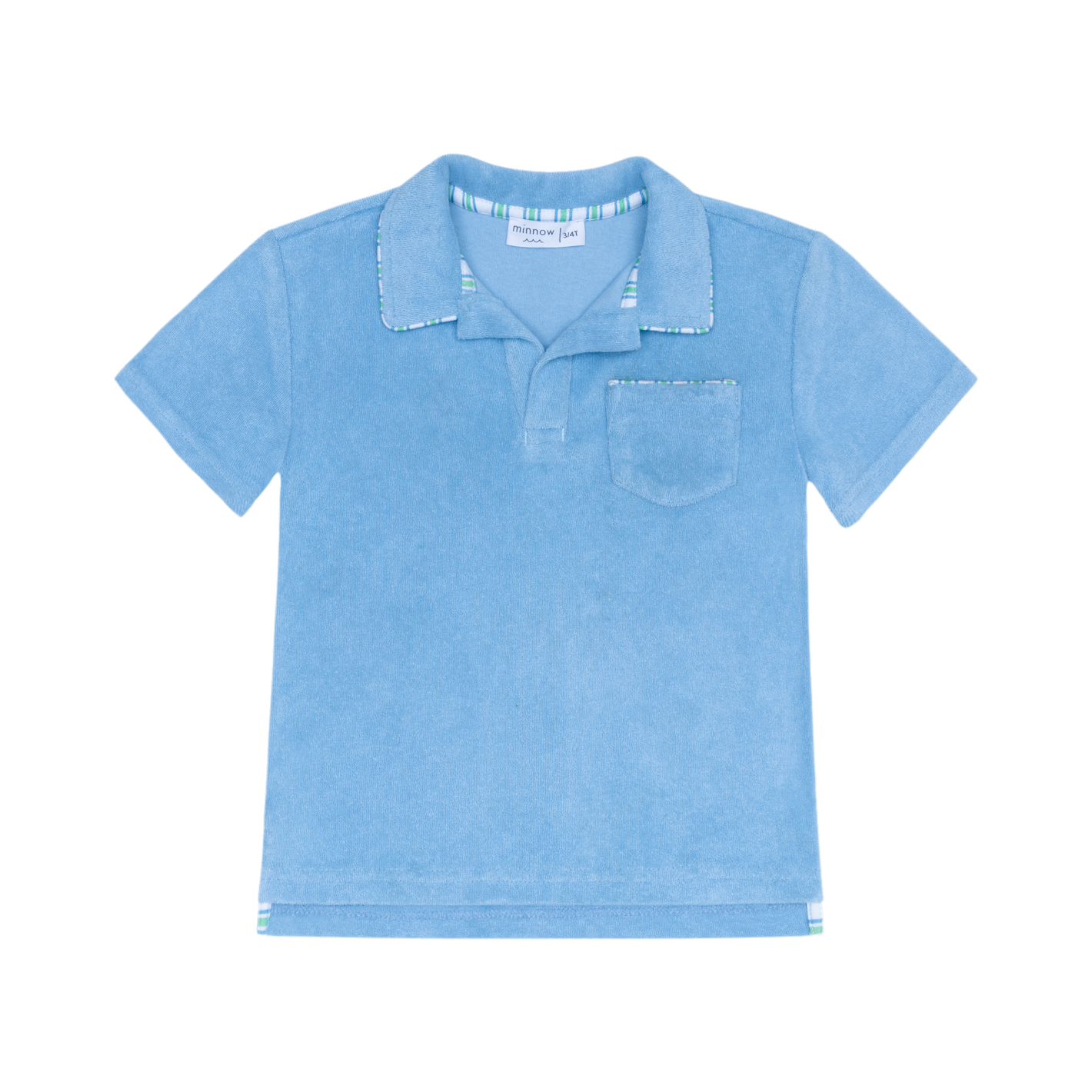 Boy wearing Minnow blue French terry polo shirt, casual boys' le marin style in soft fabric with collar and short sleeves.