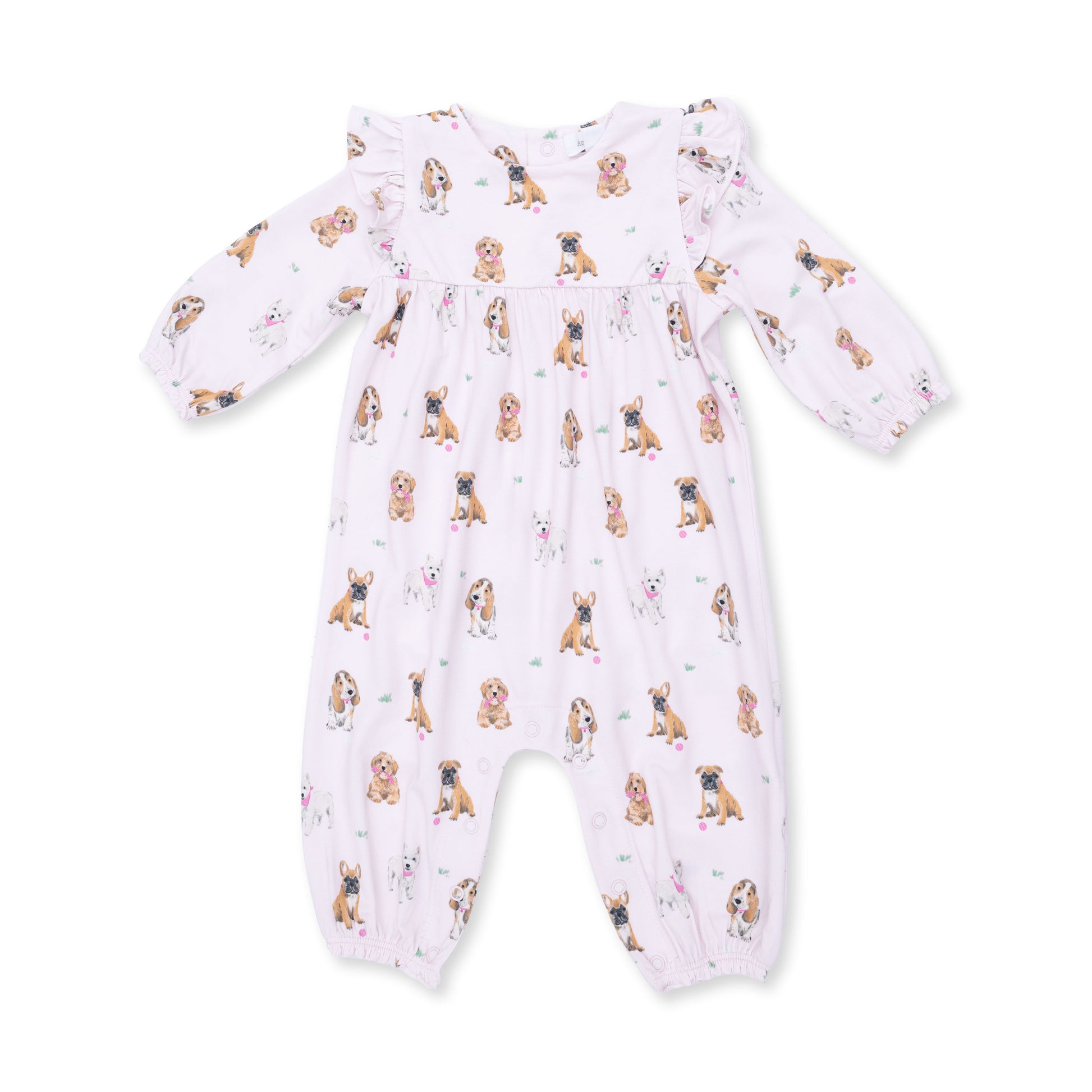 Pink ruffle sleeve romper for dogs by Angel Dear, featuring a cute and comfortable design perfect for pets.