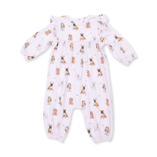 Pink ruffle sleeve romper for dogs by Angel Dear, featuring a cute and comfortable design perfect for pets.