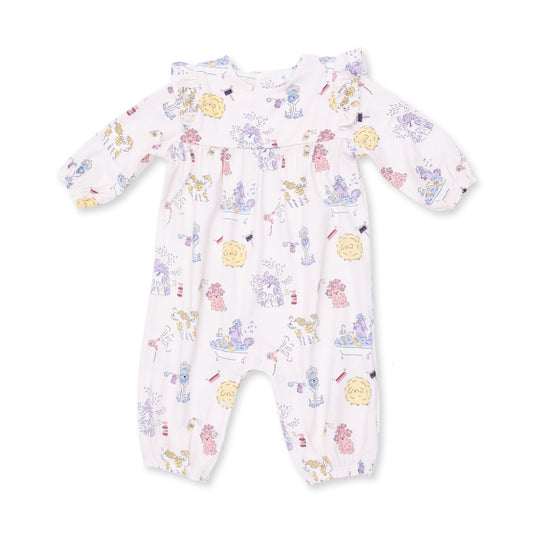 Angel Dear Spa Dogs ruffle sleeve romper for babies, featuring playful dog print and soft fabric, perfect for comfortable summer wear.